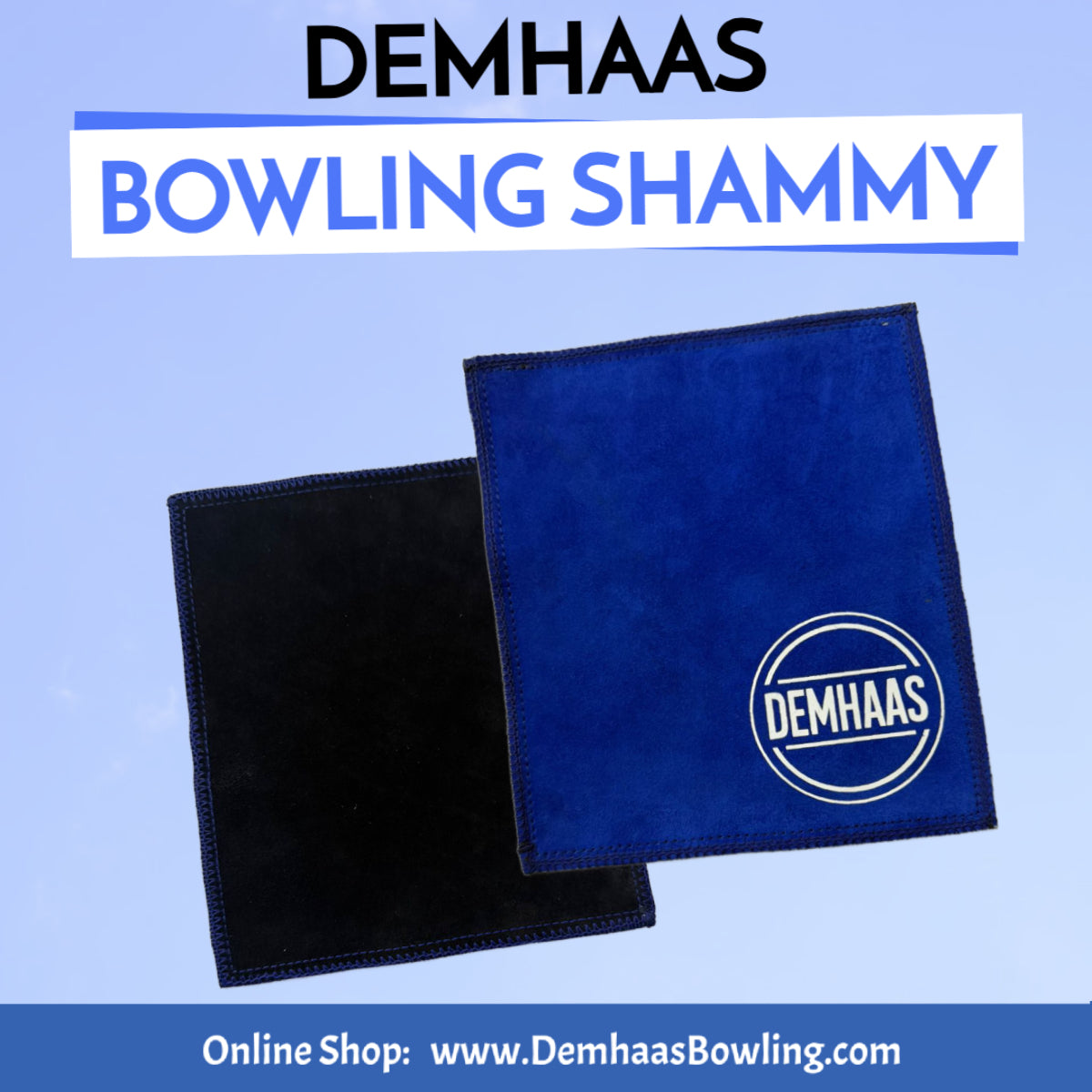 DEMHAAS square bowling shammy, blue and black leather, custom ball cleaner