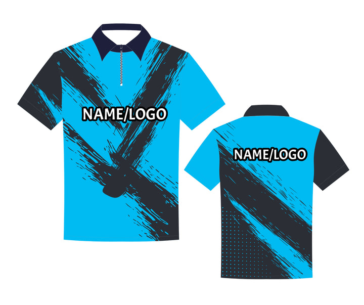 Custom blue bowling shirt Design 3 by DEMHAAS – classic polo collar with zipper, personalized with name or logo