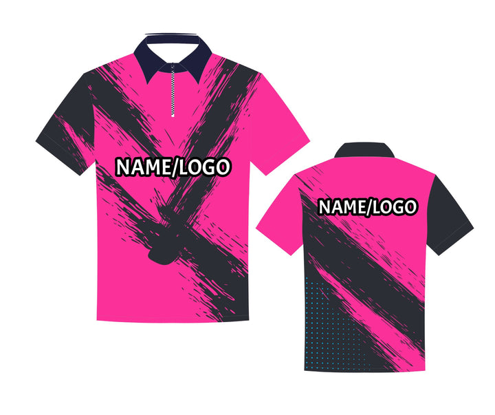 Pink custom bowling jersey Design 3 by DEMHAAS – women’s unisex fit with zipper and logo personalization