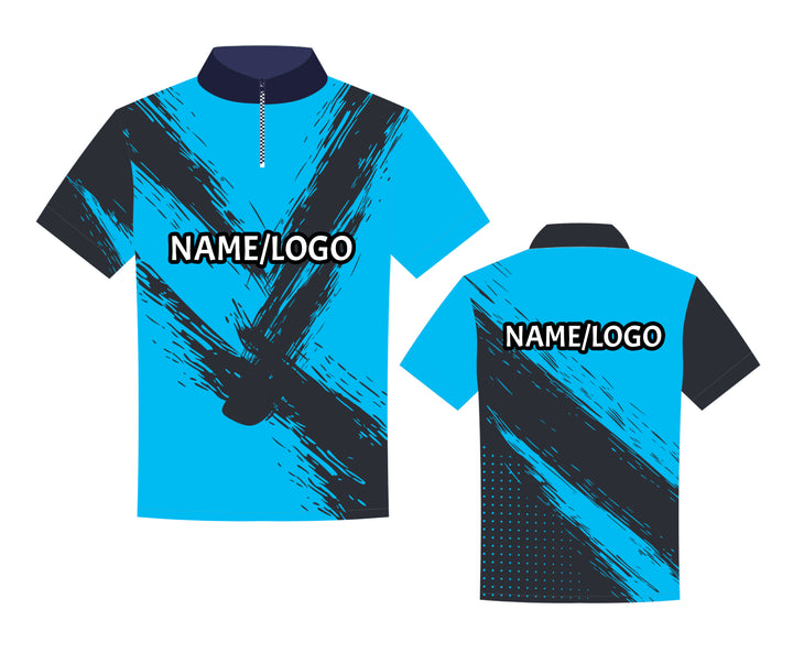 Blue DEMHAAS Design 4 bowling shirt – stand-up collar with zipper, customizable with name or logo