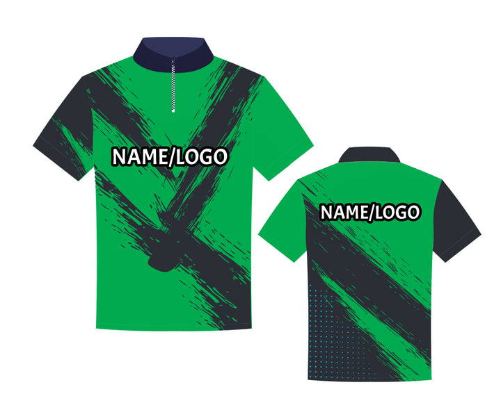 Green DEMHAAS Design 4 bowling jersey – modern zip-up collar, personalized with player name or logo