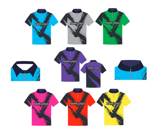 Custom blue bowling shirt by DEMHAAS – collar with zipper, personalized with name or logo